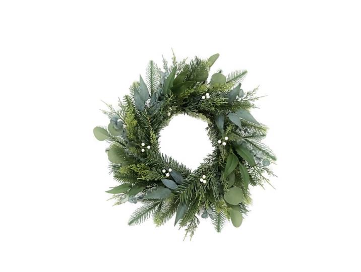 50 cm bladerkrans met mini-dennenappels en witte bessen natuurlijk materiaal: dennenappels