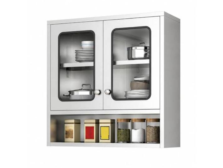 Cxlly Edelstahl Hängeschrank Küche mit Glastüren & Offenem Regal Edelstahl Wandküchenschrank mit Glastüren, Robuster Hängeschrank mit Offenem Regal & Verstellbarem Einlegeboden(80cm/31 )