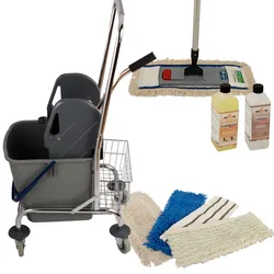 Axis Line Wischmop Komplettset mit Einfachfahreimer Chrom 27 l - Platzwunder und Ersatzmöppe und 2 x Profi Reinigungsmittel 50cm breit