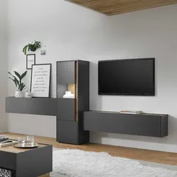 Design Wohnwand in Anthrazit und Wildeiche Optik 350 cm breit (dreiteilig)