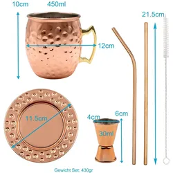 Intirilife Moscow Mule Becher Set inkl. Untersetzer Strohhalm, Cocktailgläser, Kupfer