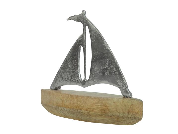 Aufsteller Segelboot aus Metall auf Mangoholz-Sockel, braun, silber, 17 x 17 x 6 cm