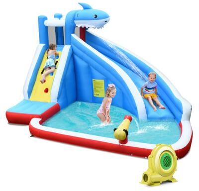 Costway 4-in-1 Inflatable Water Slide Park with Long Slide and 735W Blower
