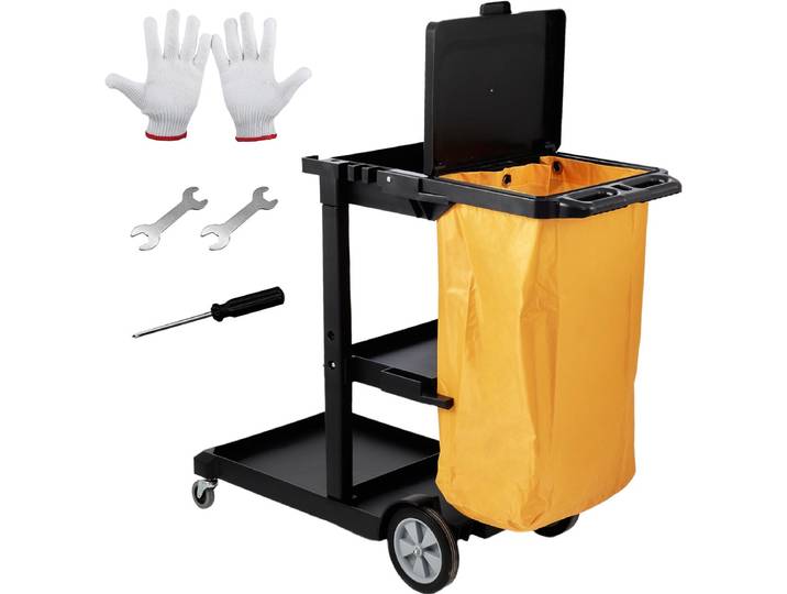 VEVOR Schoonmaakwagen 3 Compartimenten PVC Zakkensysteemwagen Hotelwagen