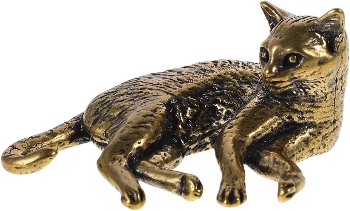 Kattenbeeldje Messing in Goud met Antieke Afwerking - Dierenfiguur voor Interieur Decoratie - Hoogte: 5,3 cm
