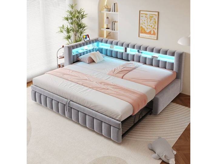Canapé-lit convertible avec LED et ports USB couchage 90x200 cm rangement intégré