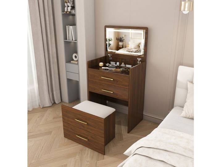 Coiffeuse 3 en 1 SENVIRO avec miroir rabattable plateau en verre transparent 3 tiroirs tabouret couleur noyer