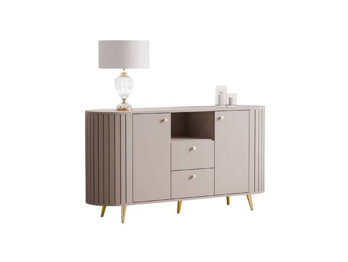yourhouse24 Kommode LINNEA 150cm 2D2S Runde Ecken Lamellen Kaschmir/Schwarz