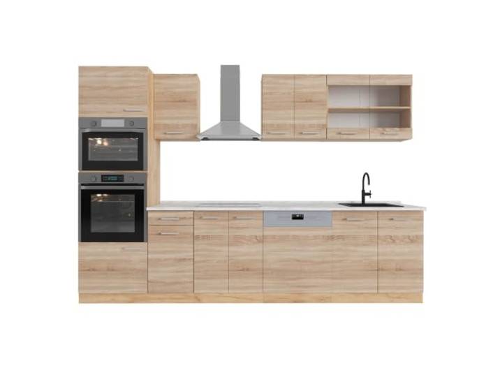 Vicco Küchenzeile R-Line, Sonoma/Goldkraft Eiche, 300 cm 8 Module · Höhenverstellbare Füße · Arbeitsplatte Marmor · Robuste Fronten · Mit Backofen-/Mikrowellenschrank