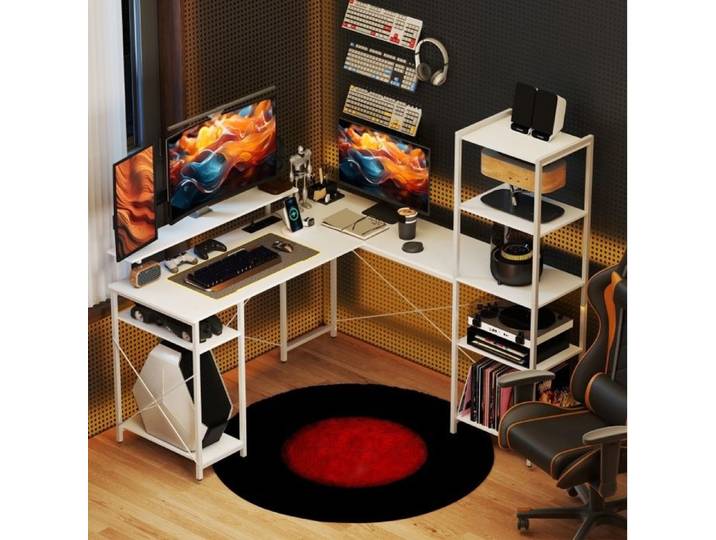 Bureau D'Angle En Bois Blanc Bureau Gaming Avec Etagere FloraGrace Pour Bureau Avec Station De Charge 137x140x139 5cm