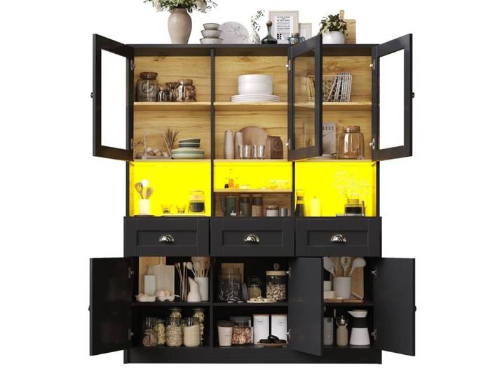 Logidon meuble de cuisine 140x40x175 éclairage LED blanc noir