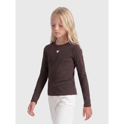 Langarmshirt KIDS ONLY "KOGELVA JUNE EMB L/S TEE JRS", Mädchen, Gr. 122/128, braun (coffee bean detail:heart, pink lady, emb), Jersey, Obermaterial: 65% Polyester, 30% Viskose, 5% Elasthan, bedruckt, normal, Rundhals, Shirts Langarmshirt, Materialmix