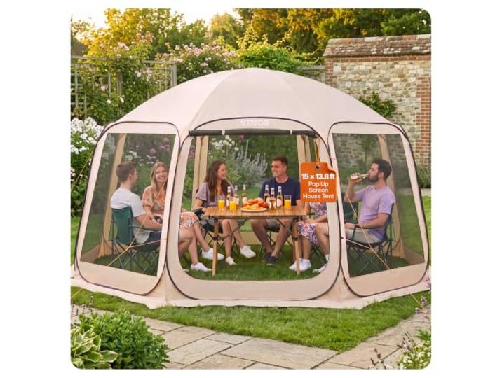 VEVOR Tente Moustiquaire Pop Up 450x425x245 cm Abri Moustiquaire Pliant 12-15 Personnes Tente Portable pour Jardin Terrasse Cour Activités Plein Air\, avec Sac de Transport\, Piquets de Fixation\, Beige