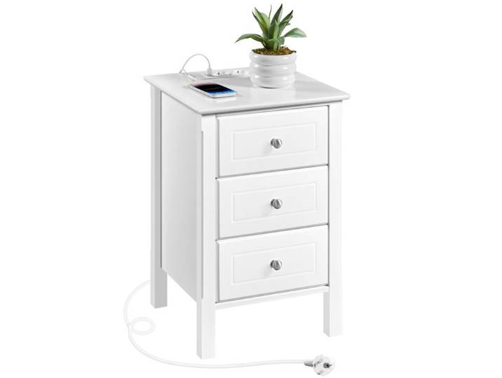 Yaheetech Table de Chevet Moderne 3 Tiroirs Station Charge 2 Ports USB 2 Prises Blanc
