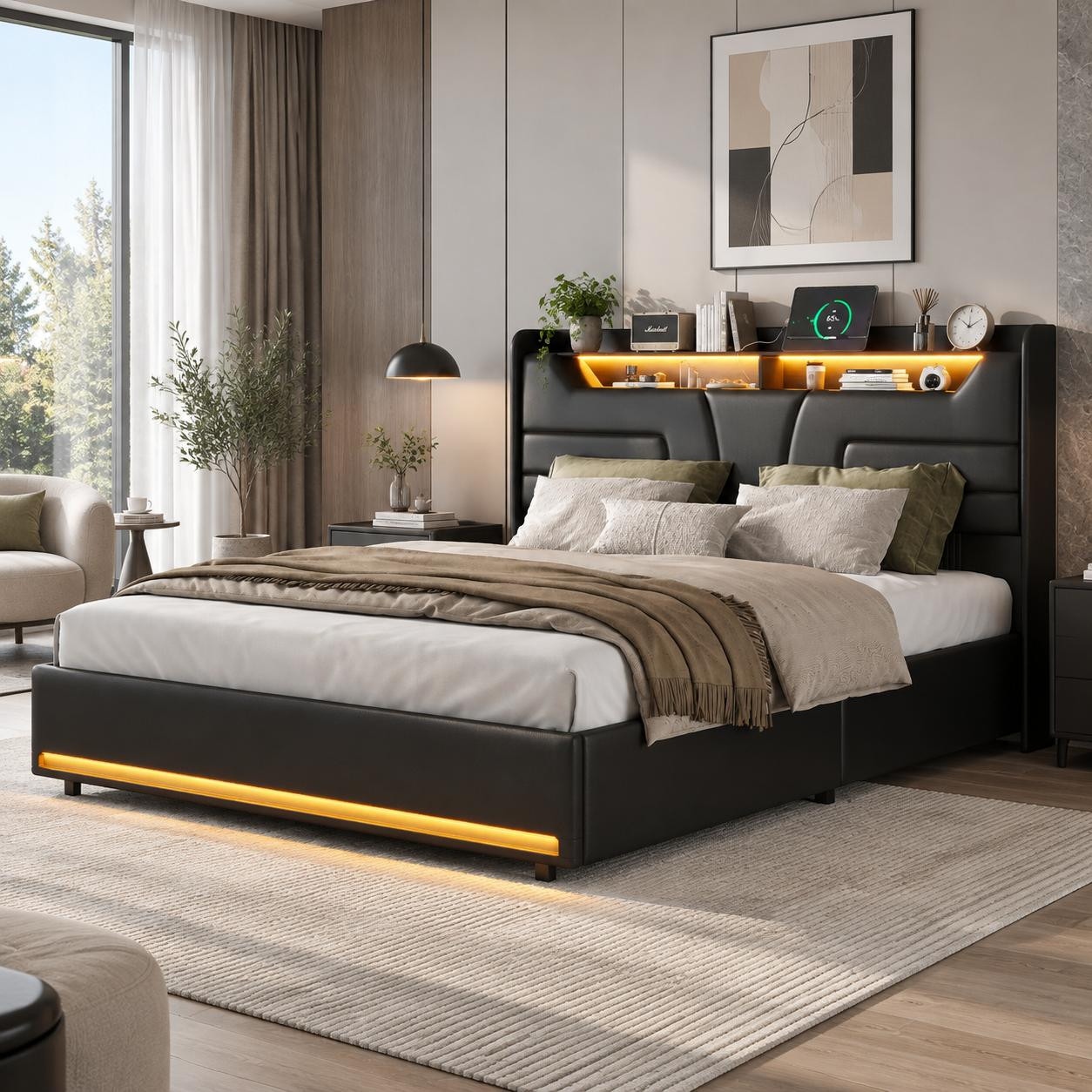 INONEFT Boxspringbed 160x200 cm met LED-verlichting, hydraulisch opbergbed en USB-oplaadfunctie, zwart polyurethanleer