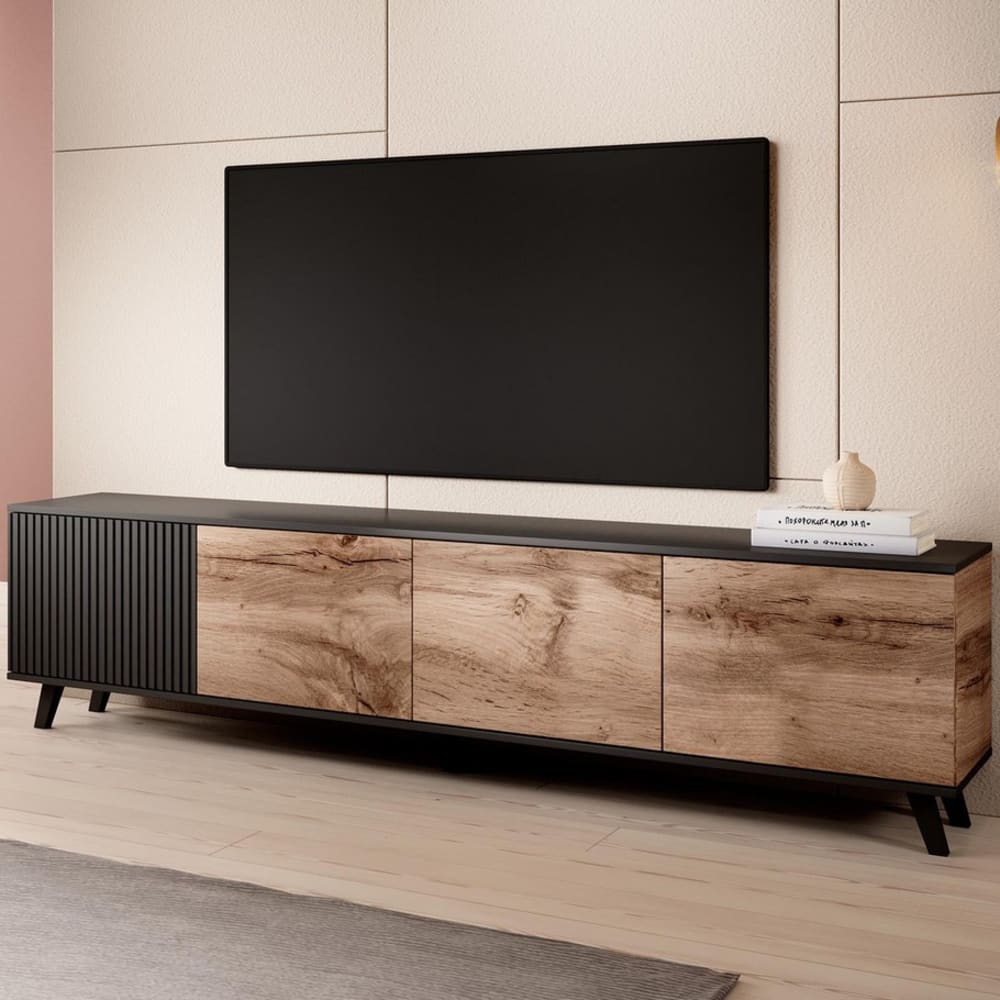 MSO Meuble TV aspect chêne wotan noir 200cm Noir 200x52x200cm