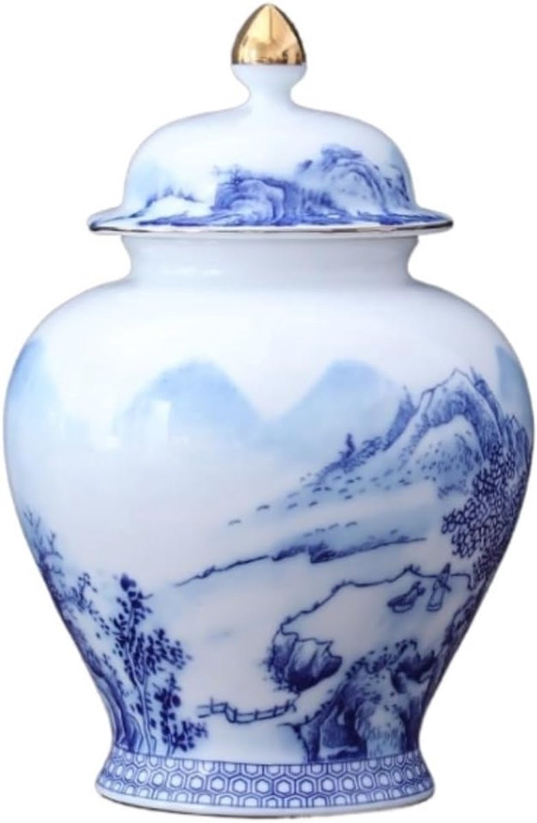 Handgeschilderde keramische vaas in blauw wit, decoratieve porseleinen pot, Hoogte: 25,7 cm