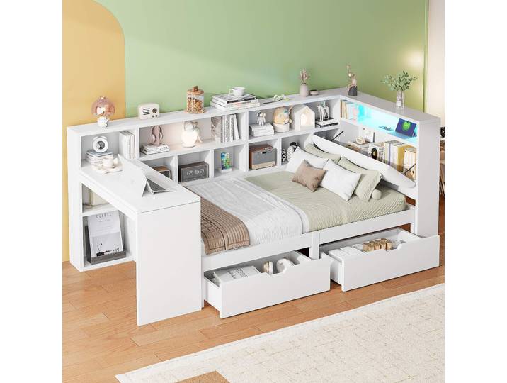 Lit Plateforme 90x200 Cm Avec Bureau Intégré\, Bibliothèque\, Tiroirs De Rangement\, Led Tête De Lit\, Lit D'Angle En Bois Mdf Blanc Avec Sommier À Lattes\, Sans Matelas