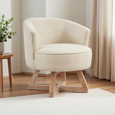 ZWYO HOSIMU Linen Upholstered Swivel Lounge Chair with 360° Rotation, Curved Back & Solid Wood Cross Base