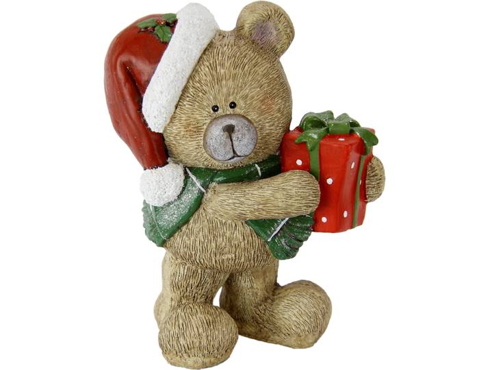 Dekofigur I.GE.A. Bär mit Geschenk , braun, B:18cm H:25cm, Magnesia, Dekofiguren, Dekofigur, Figur Statue Weihnachtsfigur Ornament Weihnachtsdeko Adventskränze
