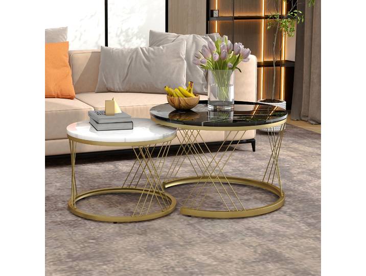 STILVORA Nesting Couchtisch Set mit Marmor-Furnier, Sofa Beistelltisch für platzsparendes 2er-Set, Runde Endtische mit Goldrahmen