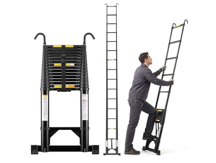 TEENO Aluminum Teleskopleiter 6,2 m, Leiter Klappleiter Ausziehleiter mit Stabilisator und Abnehmbaren Haken, Klappleiter, Untere dreieckige Verstärkung, schwarz, Tragfähigkeit 150 kg