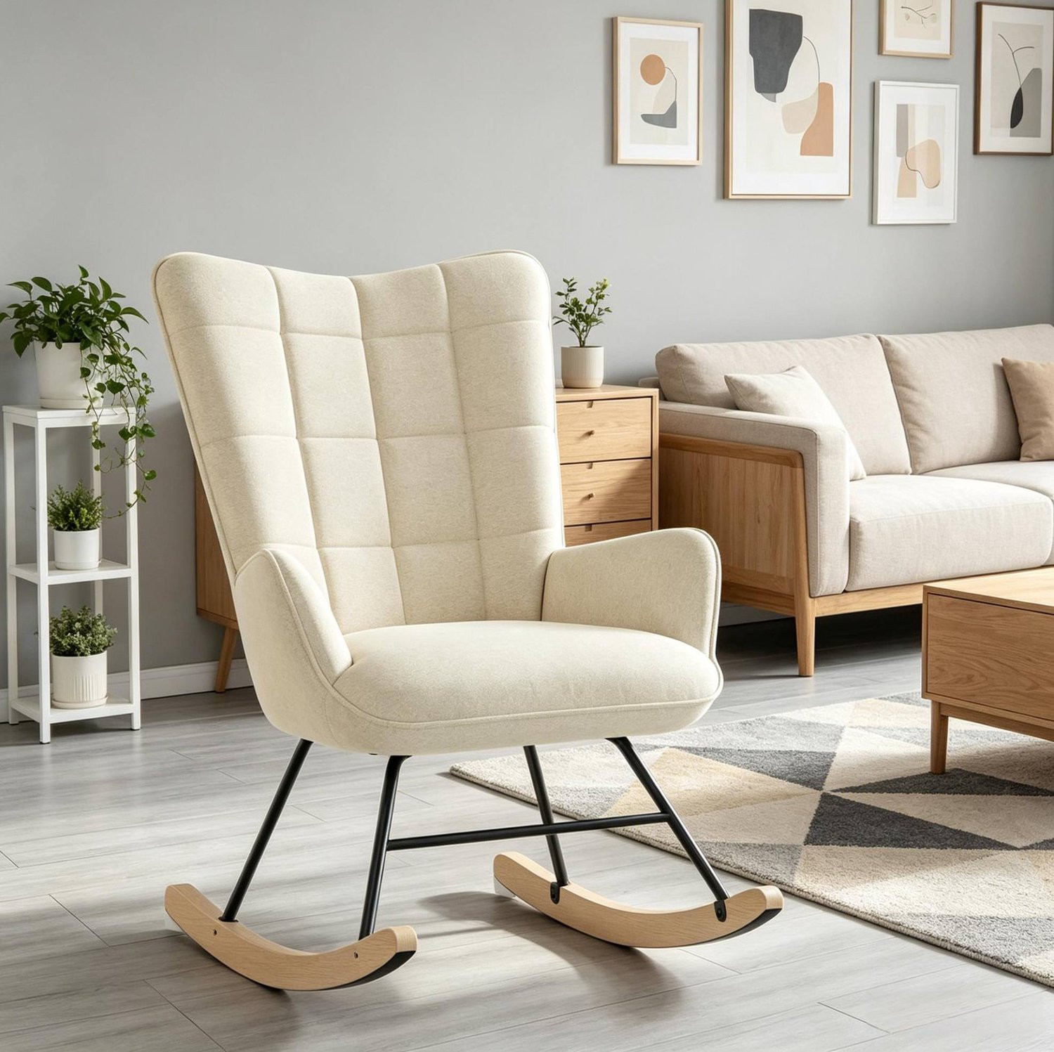 CHICFURN Ergonomische Schommelstoel met Hoge Rugleuning - Beige