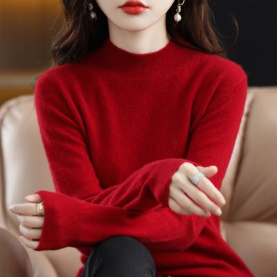 GlowBake Autumn Winter Women Sweater, Fashion Warm Bottoming Shirts, Half High Collar Knitwear Solid Long Sleeve Pullovers burgundy xxl
