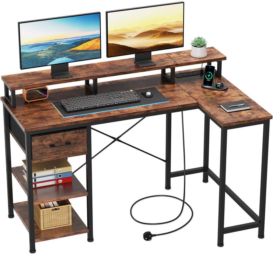 Inbox Zero L-Shaped Iron Computer Desk Brown 88cm H X 120cm W X 80cm D