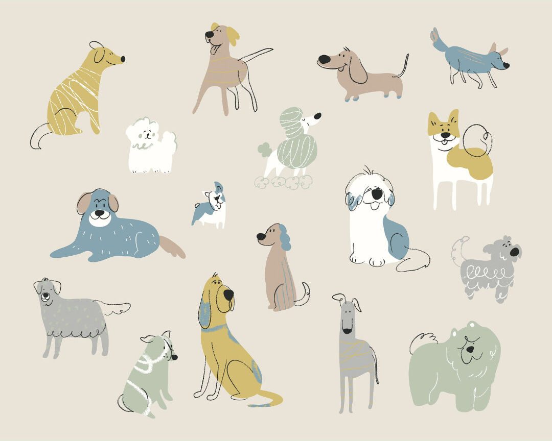 Zoomie Kids Happy Dogs - Wall Mural Warm Grey 240cm L x 300cm W