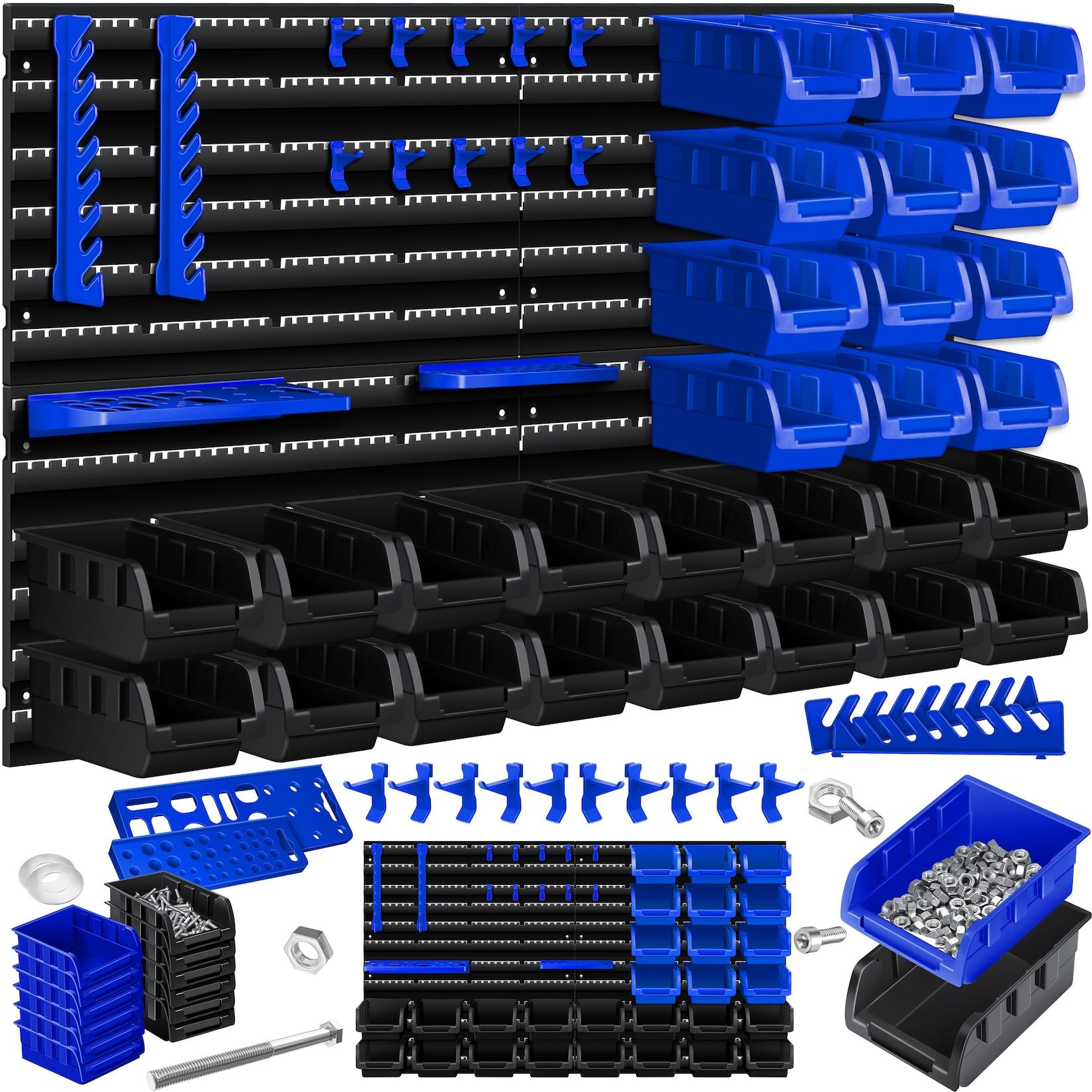 MASKO® Wandregal + Stapelboxen + Werkzeughalter 45 tlg Box Erweiterbar Werkstattregal Lagerregal Steckregal Set Box Sichtlagerkästen Kleinteilemagazin Sortimentskasten Werkstatt