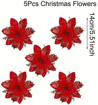 Uplifted Finds Glitter Artificial Flowers 14cm Fake Christmas Flowers Tree Ornament Holiday Decoration 10 Pcs red
