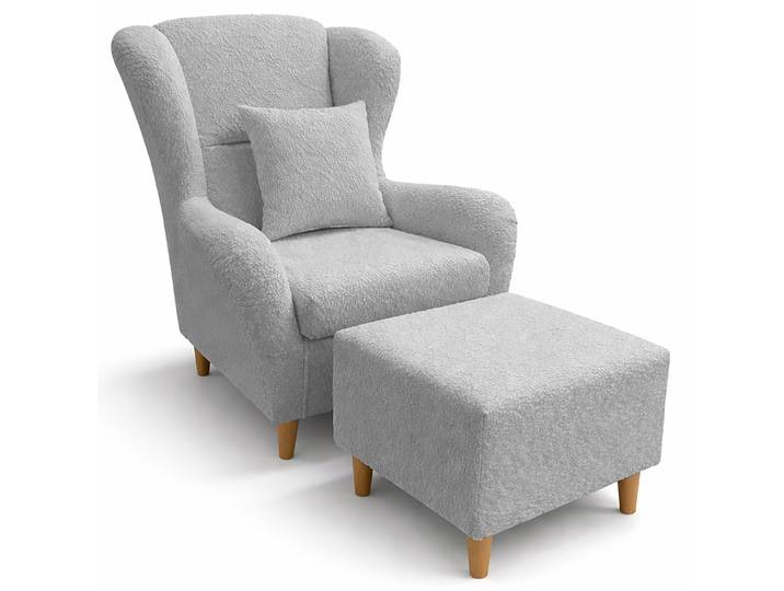 Ohrensessel Teddlo mit Hocker hellgrauer Chenille-Bezug