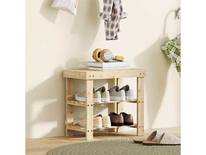 HOMCOM Banc à Chaussures Bambou 2 Niveaux avec Assise Naturel