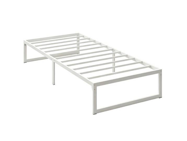 Cadre de lit simple en metal - 90 x 200 cm - blanc - avec sommier a lattes et rangement sous lit