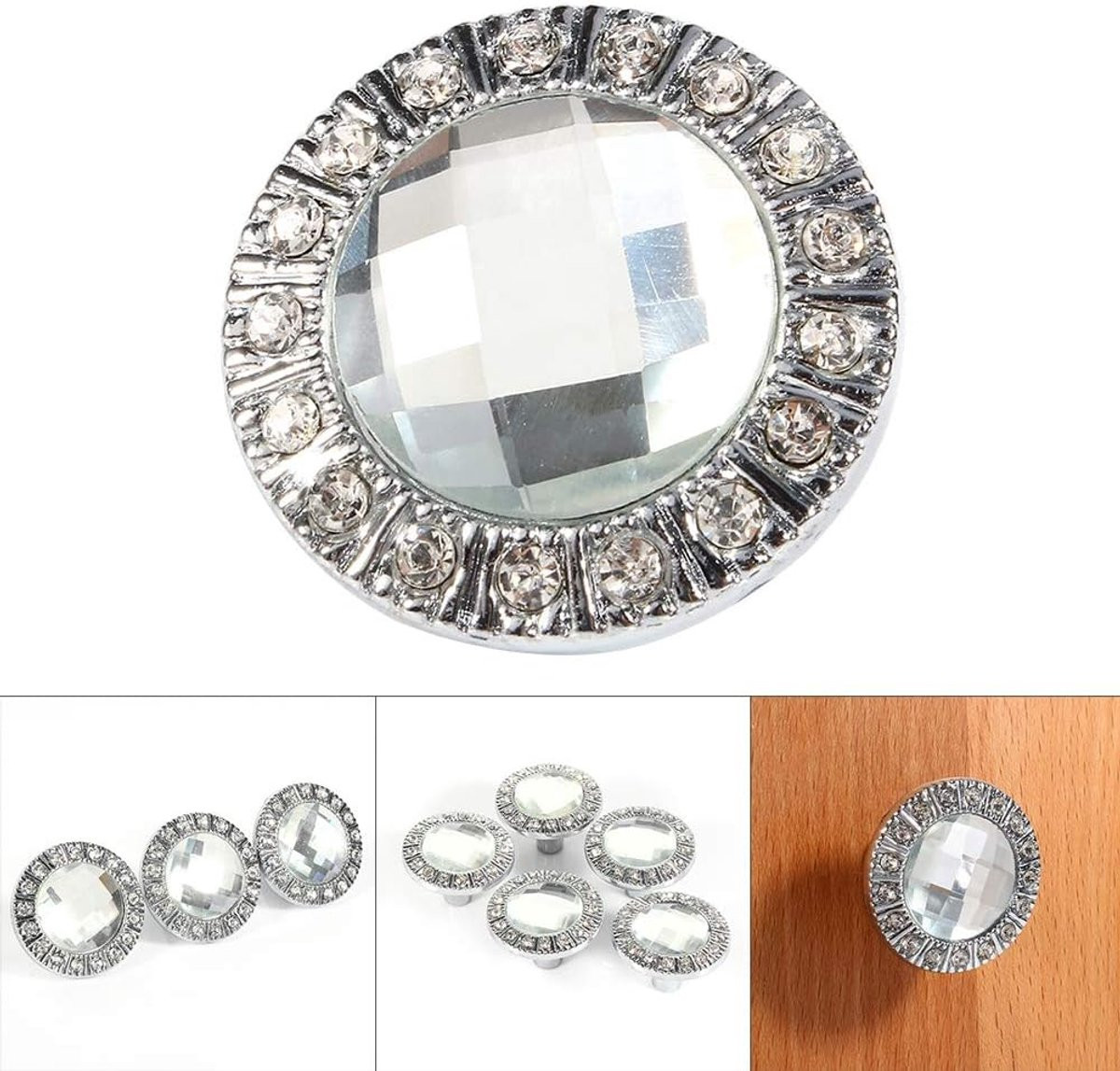 Zilveren Garderobe Knop met Ingelegde Kristallen - Meubelgreep met 30mm Diameter