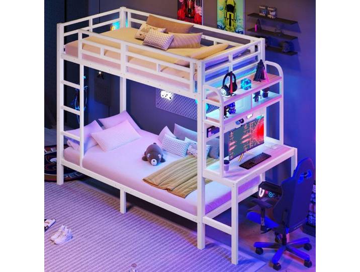 Luscriate - Lit superposé 90x200 cm Lit ado avec LED USB bureau rangements – blanc