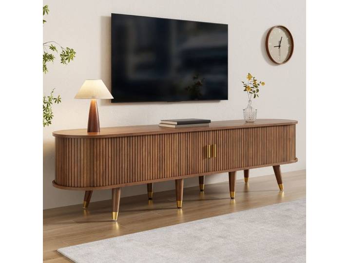 Meuble TV - 175x38x45cm - Banc TV avec Portes Coulissantes à Lattes 2 Tiroirs & Pieds Embouts Dorés - Noyer Foncée
