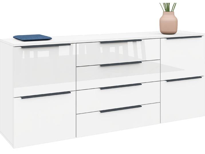 Sideboard BORCHARDT MÖBEL Tom , weiss (weiß, hochglanz), B:166cm H:72cm T:35cm, Holzwerkstoff, Sideboards, Sideboard, Breite 166 cm, verstellbare Einlegeböden, lackierte Alu-Profilgriffe