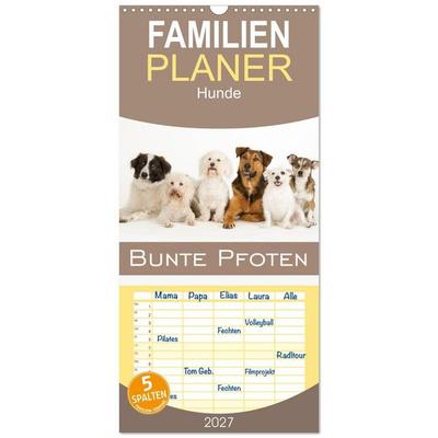 Familienplaner 2027 - Bunte Pfoten mit 5 Spalten (Wandkalender, 21 x 45 cm) CALVENDO