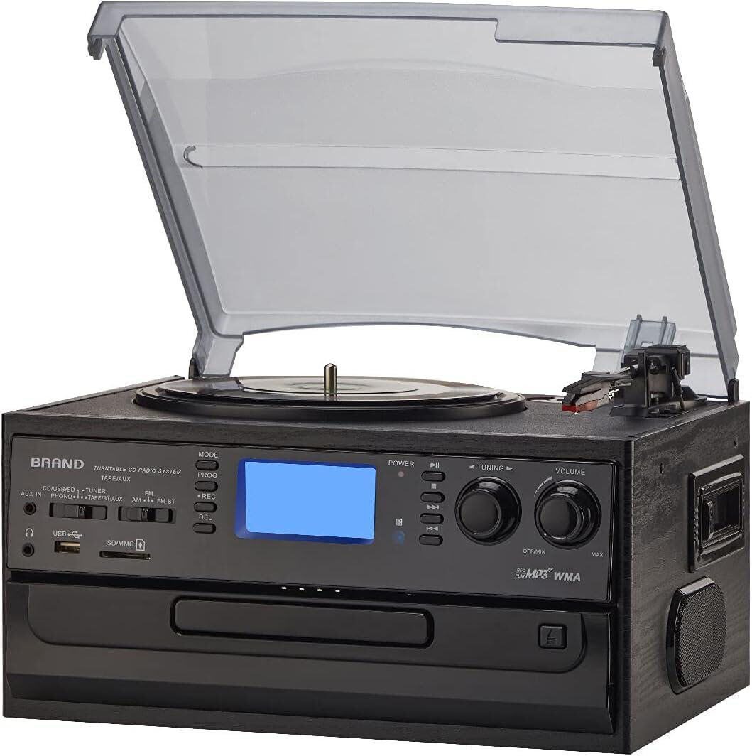 ORCC 10-in-1 Record Player, CD/USB/SD Play & Record, Bluetooth & Remote Control, FM/AM Radio Black 200cm H X 325cm W X 295cm D