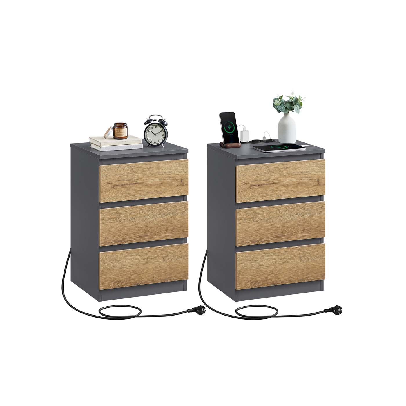 VASAGLE Nachttisch 2er Set mit Schubladen und Ladestation ebenholzschwarz LET831G01