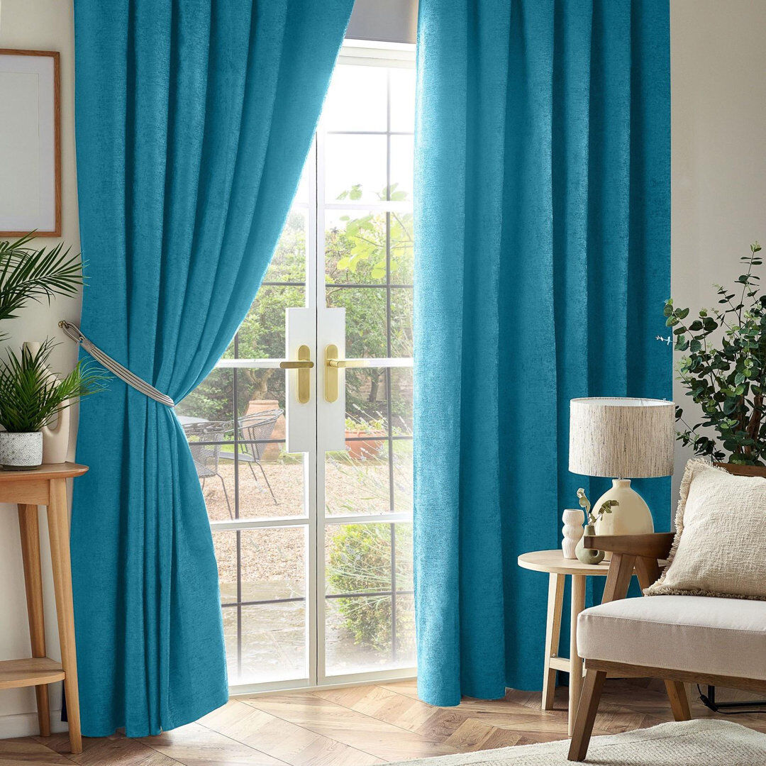 17 Stories Eilfried Chenille Pencil Pleat Taped Top Curtains Teal 229cm Width x 229cm Drop