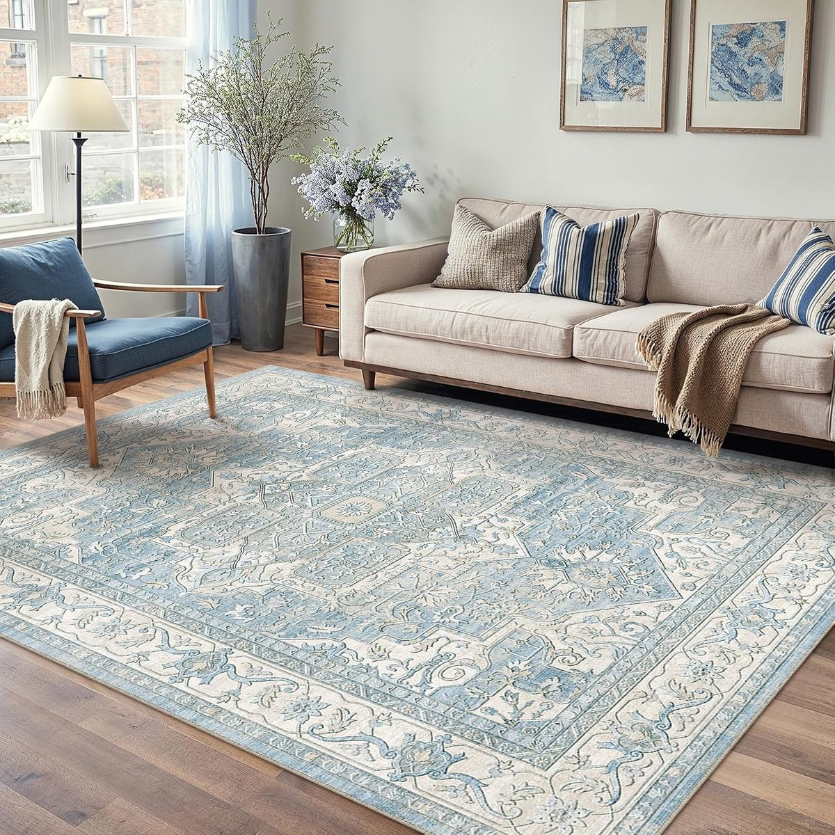 Vintage Blauw Vloerkleed met Ethnic Retro Design, Rechthoekig, Polypropyleen