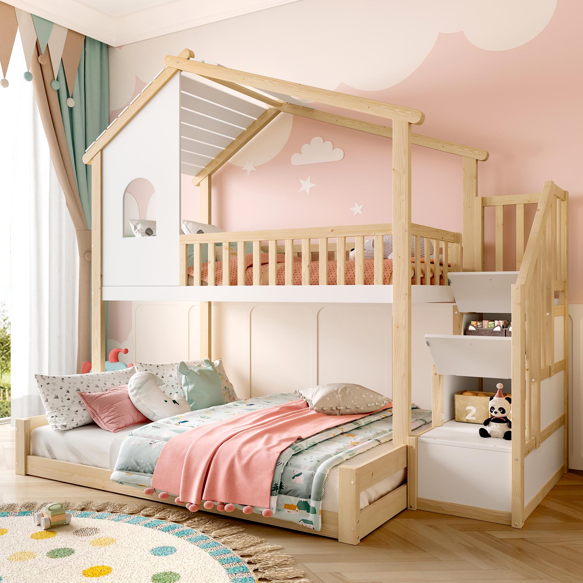 Etagenbett, 90x200cm und 140x200cm, Bettgitter, Stauraumleiter, Fenster, Hausleiste, Natur und Weiß