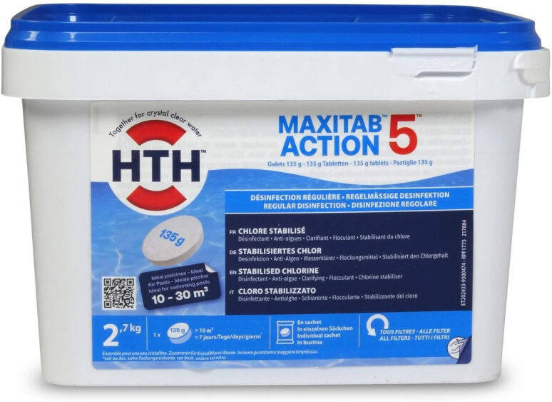 Chlore stabilisé hth® MAXITAB Action 5 - Galets 135g - 2,7 kg