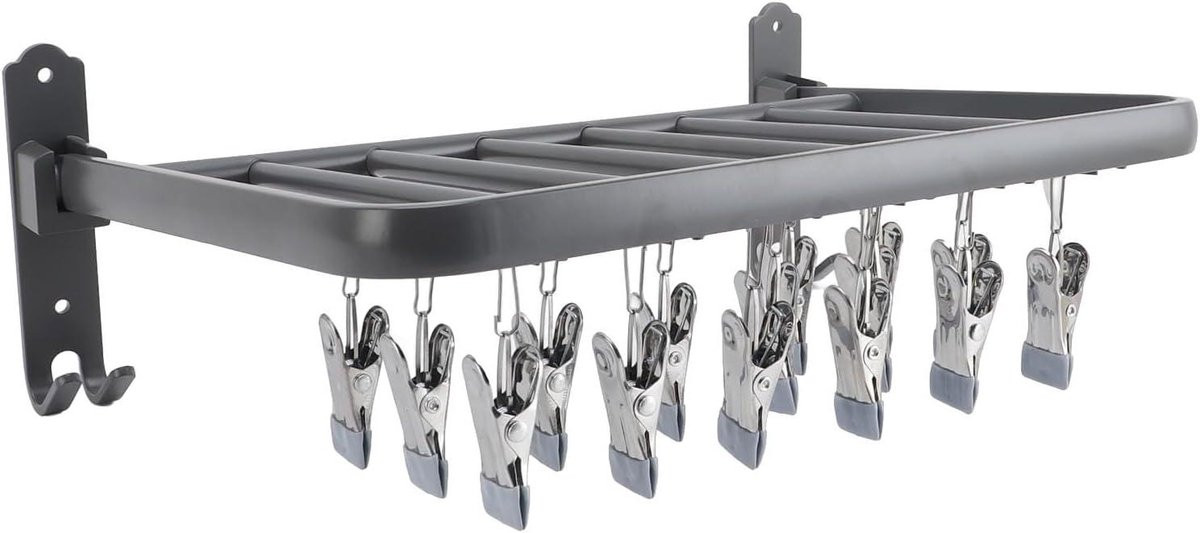 Grijs opvouwbaar aluminium droogrek voor kleding met 24 clips voor balkon, tuin of terras