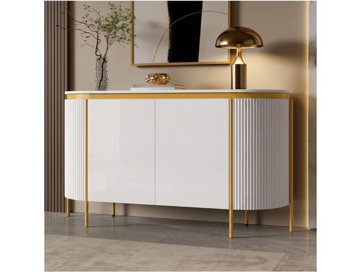 Buffet ovale blanc 140 cm en MDF 4 portes sans poignées étagère et passe-câbles