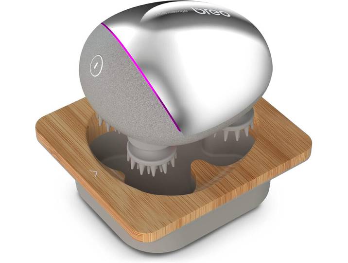 Breo draagbare mini oplaadbare hoofdhuidmassaager, IPX7-waterdicht, ontspannen hoofdhuid, met bamboe-houten oplaadbasis en uitwisselbare massageknooppunt (inclusief basis, zilver)