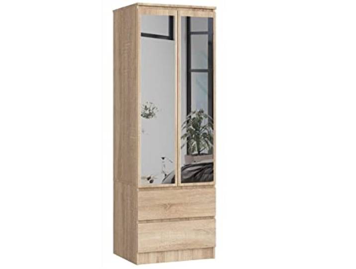 BDW Kleiderschrank mit Spiegel 2 Türen 2 Schubladen für Schlafzimmer Wohnzimmer Diele 180x60x51 (Sonoma Eiche)